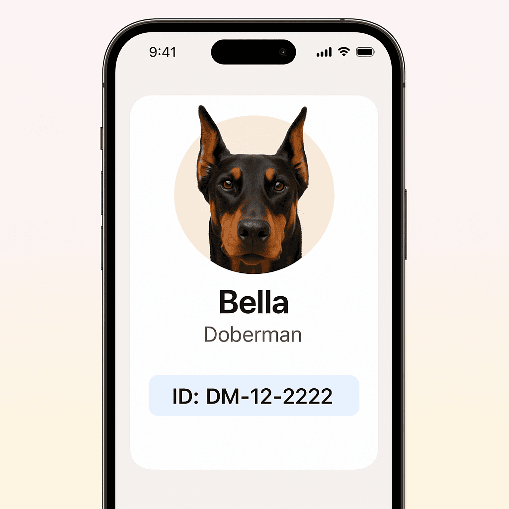 Example of MyPetID digital pet ID card for a Doberman showing QR code and pet information