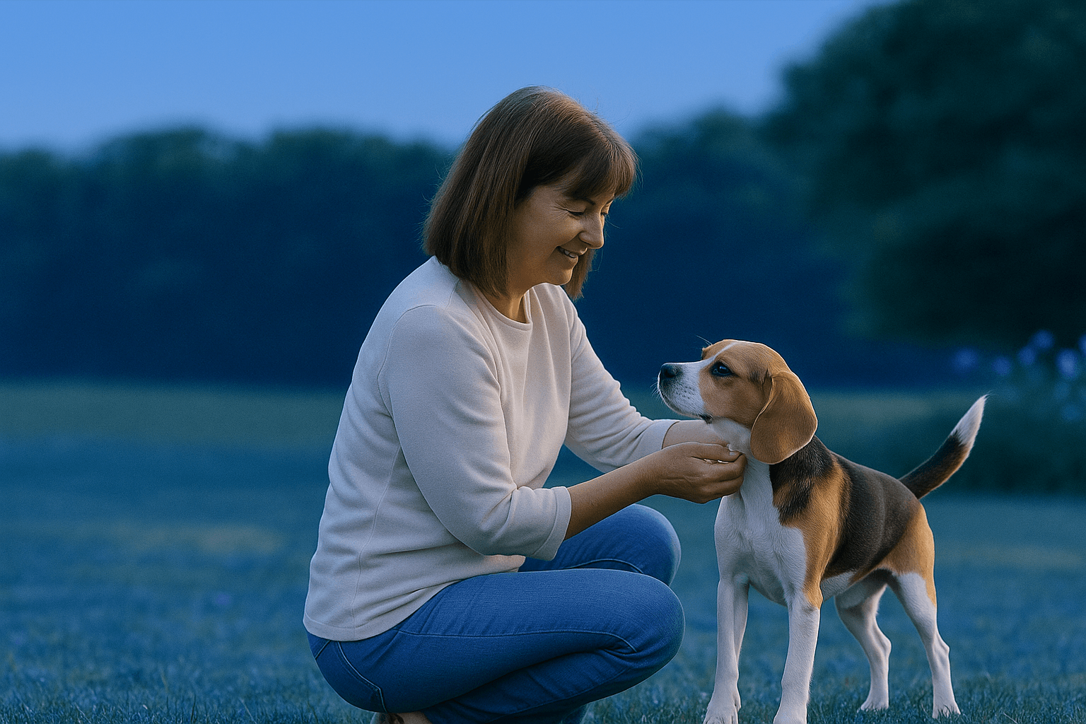 Woman with beagle in outdoor setting