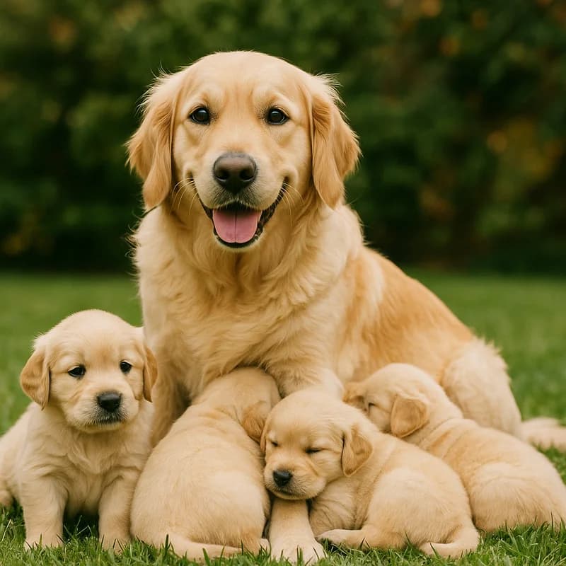 Golden retriever mother with her adorable puppies